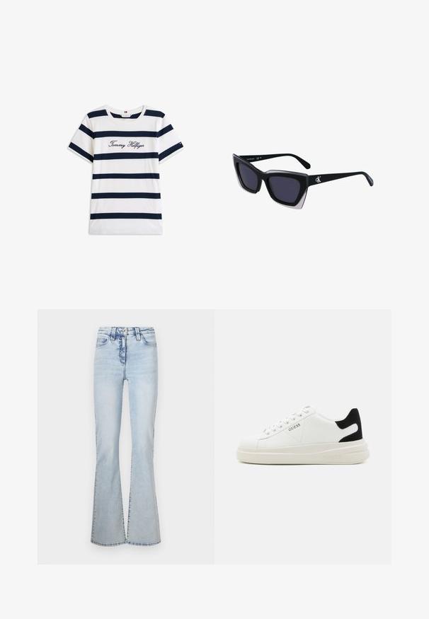 Fehér alapú, vízszintes sötétkék csíkos pamut póló. A mellkason írásos stílusban hímzett "Tommy Hilfiger" felirat. Kerek nyakú.; Világoskék, harangszárú farmernadrág, magas derekú, öt zsebes kialakítással, elülső és hátsó varrások mentén finoman kopott hatással.; Fehér bőr sportcipők vastag fehér talppal, fekete velúr sarokpikkelyel és dombornyomott logóval az oldalon. Fűzős kialakítás, hat fűzőlyukkal.; Fekete, nagyméretű napszemüveg geometrikus formával, sötét lencsékkel és kontrasztos szürke részlettel a kereten. Logó a szárán.