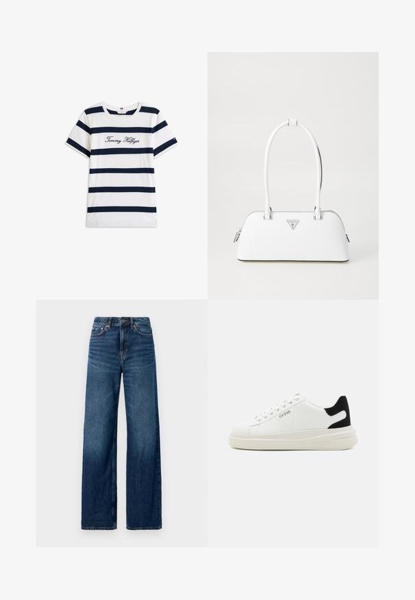 Bawełniana koszulka z poziomymi granatowymi paskami na białym tle. "Tommy Hilfiger" wyszyte kursywą na klatce piersiowej. Okrągły dekolt.; Szerokie ciemnoniebieskie dżinsy z wysokim stanem, pięcioma kieszeniami, wyblakłą strukturą oraz kontrastowymi przeszyciami wzdłuż szwów.; Białe skórzane sneakersy z grubą białą podeszwą, czarnym zamszowym akcentem na pięcie oraz wytłoczonym logotypem z boku. Projekt z sznurówkami i sześcioma dziurkami.; Biała skórzana torebka o zaokrąglonym kształcie, z srebrnym trójkątnym logo i zamkiem błyskawicznym. Gładka faktura i podwójne uchwyty.