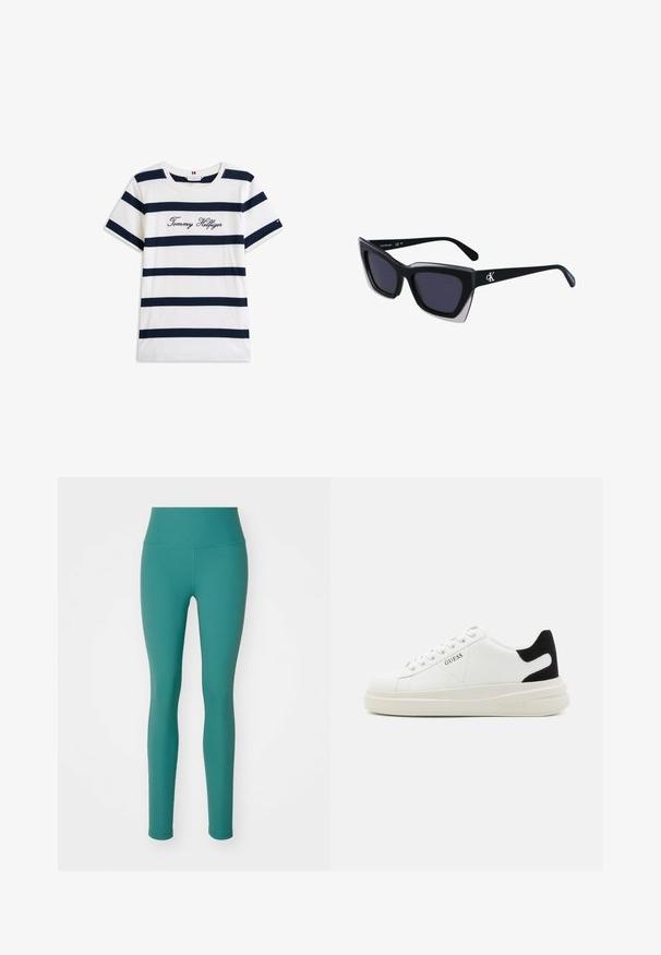 Fehér alapú, vízszintes sötétkék csíkos pamut póló. A mellkason írásos stílusban hímzett "Tommy Hilfiger" felirat. Kerek nyakú.; Teal, bordázott leggings, magas derékkal, szoros illeszkedéssel és sima textúrával. Nincs látható varrás vagy minta.; Fehér bőr sportcipők vastag fehér talppal, fekete velúr sarokpikkelyel és dombornyomott logóval az oldalon. Fűzős kialakítás, hat fűzőlyukkal.; Fekete, nagyméretű napszemüveg geometrikus formával, sötét lencsékkel és kontrasztos szürke részlettel a kereten. Logó a szárán.