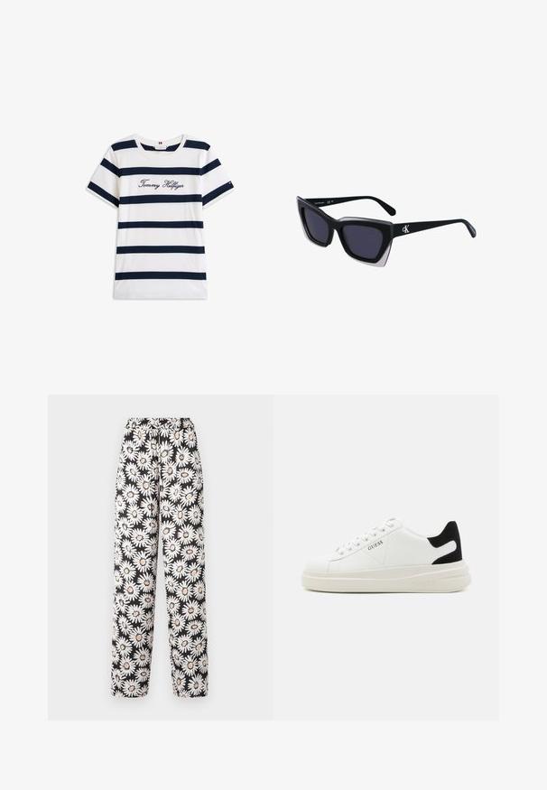 Kokvilnas T-krekls ar horizontālām tumši zilām svītrām uz balta fona. "Tommy Hilfiger" izšūts skriptā uz krūšu daļas. Cauruma apkakle.; Melnas bikses ar elastīgu jostasvietu, kurām ir balto un oranžo margrietiņu raksts, izgatavotas no viegla auduma ar gludu tekstūru.; Baltas ādas sporta apavi ar biezu balto zoli, melna zamša uzpura un izspiestais logotips sānos. Šņorējuma dizains ar sešiem acu caurumiem.; Melni pārmēru saulesbrilles ar ģeometrisku formu, kas aprīkotas ar tumšiem stikliem un kontrastējošu pelēku akcentu uz rāmja. Logo uz kājas.