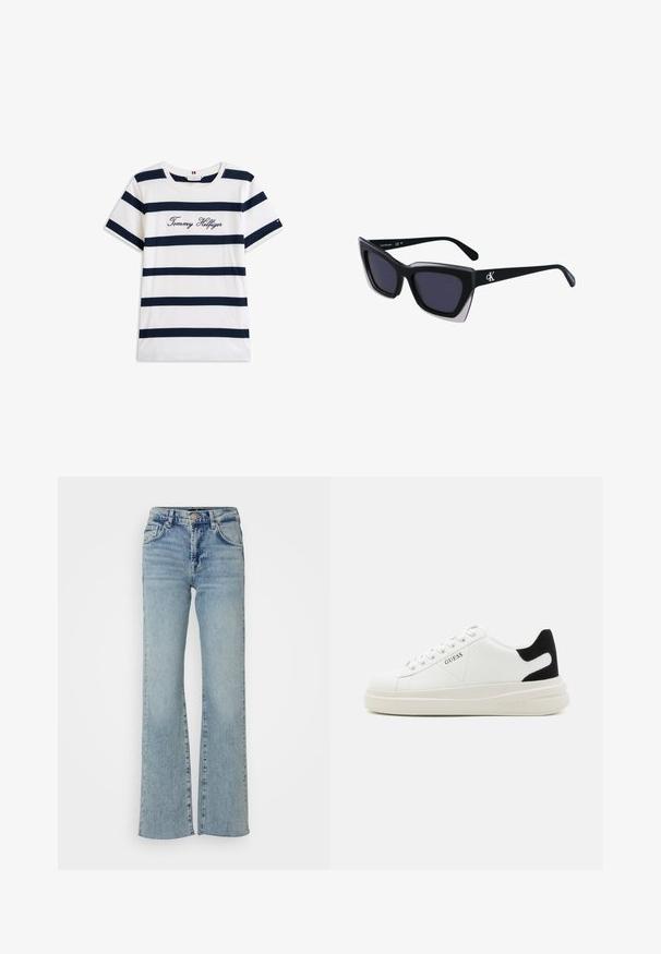 Bavlněné tričko s horizontálními námořnickými pruhy na bílém pozadí. Na hrudi je výšivka "Tommy Hilfiger" v kurzívě. Kulatý výstřih.; Světle modré džíny z denimu s vysokým pasem, širokými nohavicemi a surovým zakončením. Obsahují klasický design s pěti kapsami a přední zapínání na knoflík.; Bílé kožené tenisky s tlustou bílou podrážkou, černým semišovým akcentem na patě a vyraženým logem na boku. Šněrovací design se šesti očka.; Černé oversized sluneční brýle geometrického tvaru, s tmavými skly a kontrastním šedým detailem na rámu. Logo na rameni.; Stříbrné kovové náušnice s hladkým tvarem slzy a lesklým povrchem. Jemné rytiny přidávají detail. Minimalistický design.