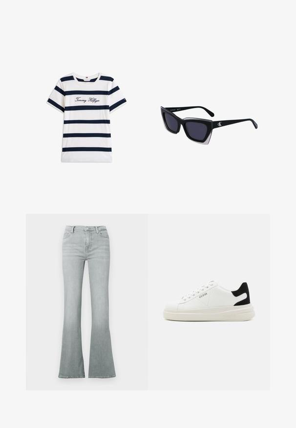 Puuvillainen t-paita, jossa on vaakasuoria tummansinisiä raitoja valkoisella taustalla. "Tommy Hilfiger" brodeerattu kursiivilla rintamuksessa. Pyöreä kaula-aukko.; Vaaleanharmaat liehuvat farkut denimiä, joissa on korkea vyötärö, viiden taskun malli ja sileä pinta, jossa on hienovarainen haalistuma.; Valkoiset nahkakengät paksulla valkoisella pohjalla, mustalla mokkanahkaosuudella kannassa ja kohokuvioitu logo sivulla. Nauhakeskitys kuudella reiällä.; Mustat ylisuuret aurinkolasit, joissa on geometrinen muoto, tummat linssit ja kehykseen erottuva harmaa yksityiskohta. Logo varressa.