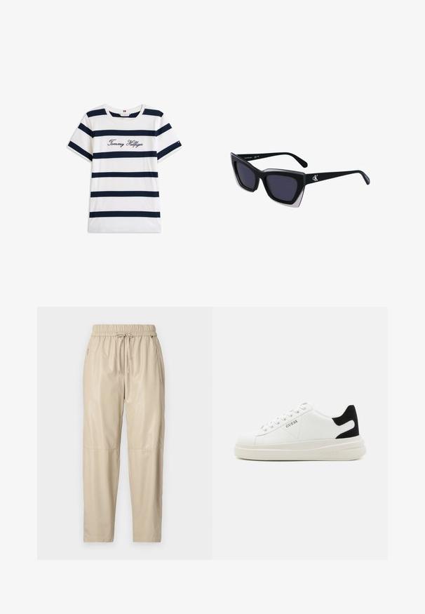 Kokvilnas T-krekls ar horizontālām tumši zilām svītrām uz balta fona. "Tommy Hilfiger" izšūts skriptā uz krūšu daļas. Cauruma apkakle.; Beige sporta bikses, izgatavotas no mirdzoša, gluda auduma. Iekļauj elastīgu jostasvietu ar auklu, sānu kabatām un iegrieztām kājām.; Baltas ādas sporta apavi ar biezu balto zoli, melna zamša uzpura un izspiestais logotips sānos. Šņorējuma dizains ar sešiem acu caurumiem.; Melni pārmēru saulesbrilles ar ģeometrisku formu, kas aprīkotas ar tumšiem stikliem un kontrastējošu pelēku akcentu uz rāmja. Logo uz kājas.