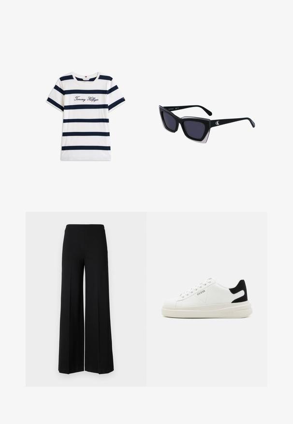 Cotton T-shirt with horizontal navy stripes on a white background. "Tommy Hilfiger" embroidered in cursive on the chest. Crew neckline.; Black wide-leg trousers with a smooth texture, featuring a high waistband and no visible fastenings. Simple, clean design.; White leather sneakers with a thick white sole, black suede heel accent, and embossed logo on the side. Laced design with six eyelets.; Black oversized sunglasses with a geometric shape, featuring dark lenses and a contrasting grey detail on the frame. Logo on the arm.