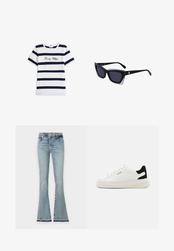 Cotton T-shirt with horizontal navy stripes on a white background. "Tommy Hilfiger" embroidered in cursive on the chest. Crew neckline.; Flared light blue denim jeans with a high waist, defined seams, and frayed hem. Material appears soft with a classic five-pocket design.; White leather sneakers with a thick white sole, black suede heel accent, and embossed logo on the side. Laced design with six eyelets.; Black oversized sunglasses with a geometric shape, featuring dark lenses and a contrasting grey detail on the frame. Logo on the arm.