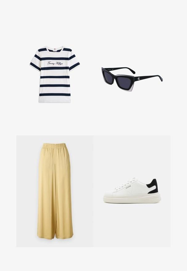 Puuvillainen t-paita, jossa on vaakasuoria tummansinisiä raitoja valkoisella taustalla. "Tommy Hilfiger" brodeerattu kursiivilla rintamuksessa. Pyöreä kaula-aukko.; Vaaleankeltaiset leveälahkeiset housut, joissa on joustava vyötärö, valmistettu sileästä kankaasta. Housuissa on virtaava muotoilu ilman näkyviä kuvioita tai koristeita.; Valkoiset nahkakengät paksulla valkoisella pohjalla, mustalla mokkanahkaosuudella kannassa ja kohokuvioitu logo sivulla. Nauhakeskitys kuudella reiällä.; Mustat ylisuuret aurinkolasit, joissa on geometrinen muoto, tummat linssit ja kehykseen erottuva harmaa yksityiskohta. Logo varressa.