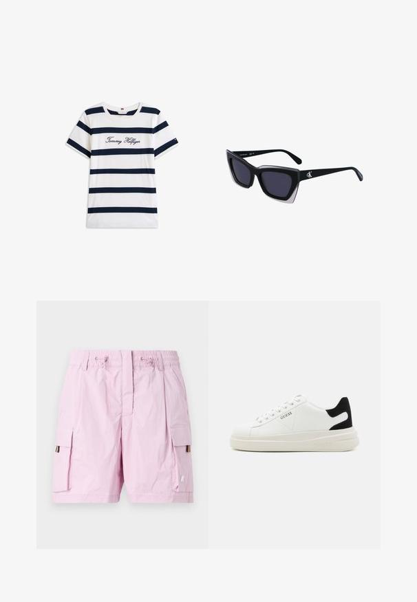 T-shirt in cotone con righe orizzontali blu navy su sfondo bianco. "Tommy Hilfiger" ricamato in corsivo sul petto. Collo a giro.; Shorts cargo rosa chiaro con cintura elastica, dotati di due tasche laterali e di un'etichetta multicolore sul lato sinistro. Texture liscia.; Sneaker bianchi in pelle con suola spessa bianca, accento in suede nero sul tallone e logo impresso sul lato. Design con lacci e sei fori per i lacci.; Occhiali da sole oversize neri dalla forma geometrica, con lenti scure e un dettaglio grigio a contrasto sulla montatura. Logo sul braccio.