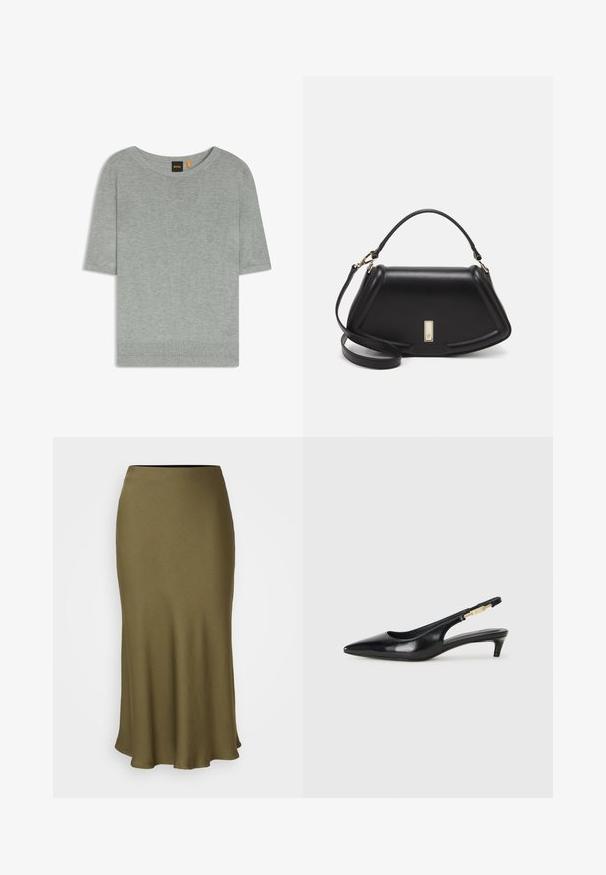 Lichtgrijs kortemouwen trui gemaakt van zacht breimateriaal. Beschikt over een wijde halslijn en een geribde zoom, met een minimalistisch ontwerp.; DRYKORN URA - A-lijn rok - green; Zwarte leren slingback hakken met een spitse neus, voorzien van een slanke hak en een goudkleurige accent op de verstelbare band. Gladde textuur.; Zwarte leren handtas met een gestructureerd ontwerp, featuring een verkorte vorm, bovenhandvat en gouden hardwareaccent. Inclusief verstelbare schouderband.