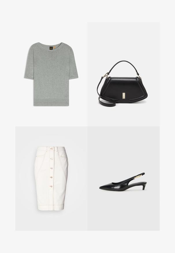 Lichtgrijs kortemouwen trui gemaakt van zacht breimateriaal. Beschikt over een wijde halslijn en een geribde zoom, met een minimalistisch ontwerp.; Witte denim rok met een voorknopsluiting, zichtbare stiksels en een silhouet in pencil-stijl. Geen zichtbare zakken. Gladde textuur.; Zwarte leren slingback hakken met een spitse neus, voorzien van een slanke hak en een goudkleurige accent op de verstelbare band. Gladde textuur.; Zwarte leren handtas met een gestructureerd ontwerp, featuring een verkorte vorm, bovenhandvat en gouden hardwareaccent. Inclusief verstelbare schouderband.