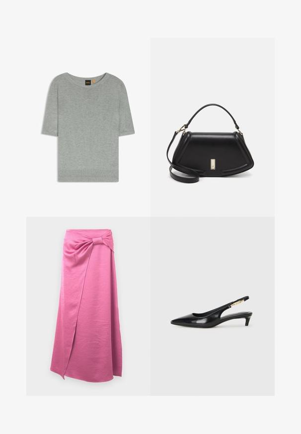 Light gray short-sleeve sweater made of soft knit material. Features a wide neckline and ribbed hem, showcasing a minimalistic design.; Long pink skirt made of soft fabric, featuring a front wrap design and tied knot detail at the waist, with a straight silhouette.; Black leather slingback heels with a pointed toe, featuring a slim heel and a gold-tone accent on the adjustable strap. Smooth texture.; Black leather handbag with a structured design, featuring a cropped shape, top handle, and gold hardware accent. Adjustable shoulder strap included.