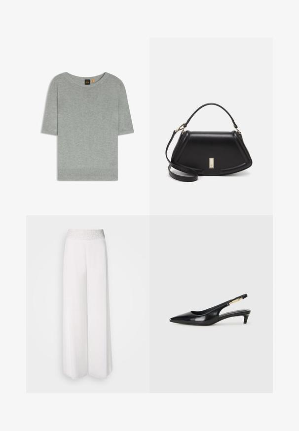 Light gray short-sleeve sweater made of soft knit material. Features a wide neckline and ribbed hem, showcasing a minimalistic design.; White wide-leg pants with a textured silver waistband, featuring a smooth fabric and flowing design. Suitable for various occasions.; Black leather slingback heels with a pointed toe, featuring a slim heel and a gold-tone accent on the adjustable strap. Smooth texture.; Black leather handbag with a structured design, featuring a cropped shape, top handle, and gold hardware accent. Adjustable shoulder strap included.