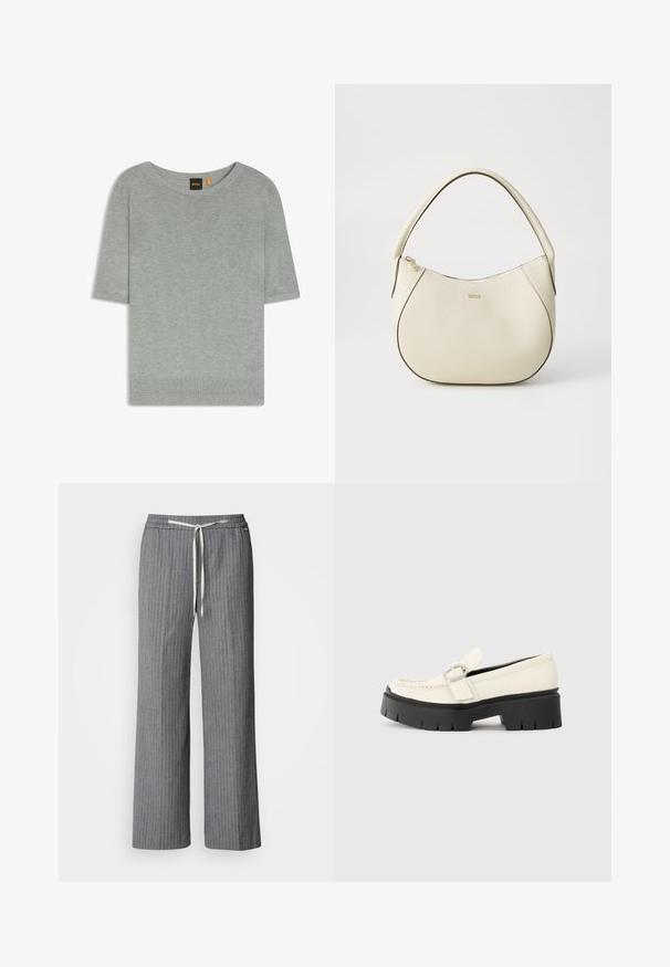 Pull léger gris clair à manches courtes en matériau tricoté doux. Il présente un col large et un ourlet côtelé, mettant en avant un design minimaliste.; Pantalons larges à rayures gris en tissu texturé. Dotés d'une taille élastique avec un cordon crème.; Loafer en cuir blanc avec une semelle plateforme noire épaisse, présentant une boucle rectangulaire en argent et des détails de couture visibles sur la tige.; Sac à main couleur crème avec une finition texturée, forme courbée, anses courtes et détail de logo doré. Fermeture éclair sur le dessus.