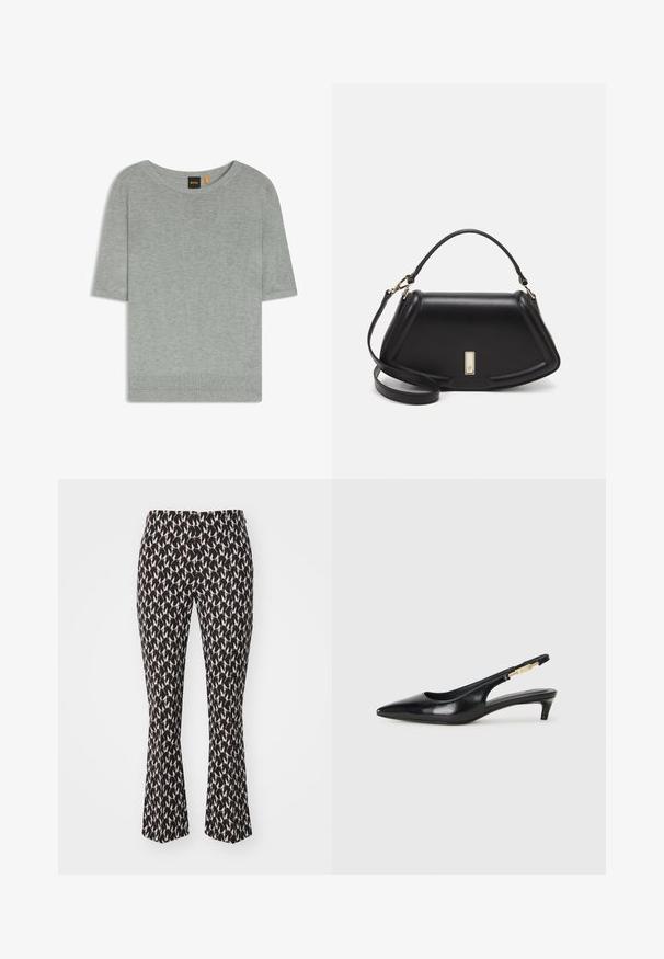 Light gray short-sleeve sweater made of soft knit material. Features a wide neckline and ribbed hem, showcasing a minimalistic design.; Flared pants in a black and cream pattern featuring abstract shapes. Made of lightweight fabric with a smooth texture.; Black leather slingback heels with a pointed toe, featuring a slim heel and a gold-tone accent on the adjustable strap. Smooth texture.; Black leather handbag with a structured design, featuring a cropped shape, top handle, and gold hardware accent. Adjustable shoulder strap included.