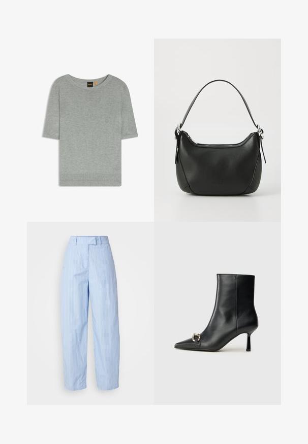 Pull léger gris clair à manches courtes en matériau tricoté doux. Il présente un col large et un ourlet côtelé, mettant en avant un design minimaliste.; Pantalons larges bleu clair avec des rayures verticales blanches et rouges, dotés d'une taille avec passants de ceinture et de poches latérales.; Bottine en cuir noir avec un bout pointu, un talon moyen fin et un détail de boucle en argent sur le côté, se détachant sur un fond uni.; Sac à main en cuir noir avec une forme arrondie, fermeture éclair argentée et une courte poignée. Présente un logo subtil à l'avant et une texture lisse.
