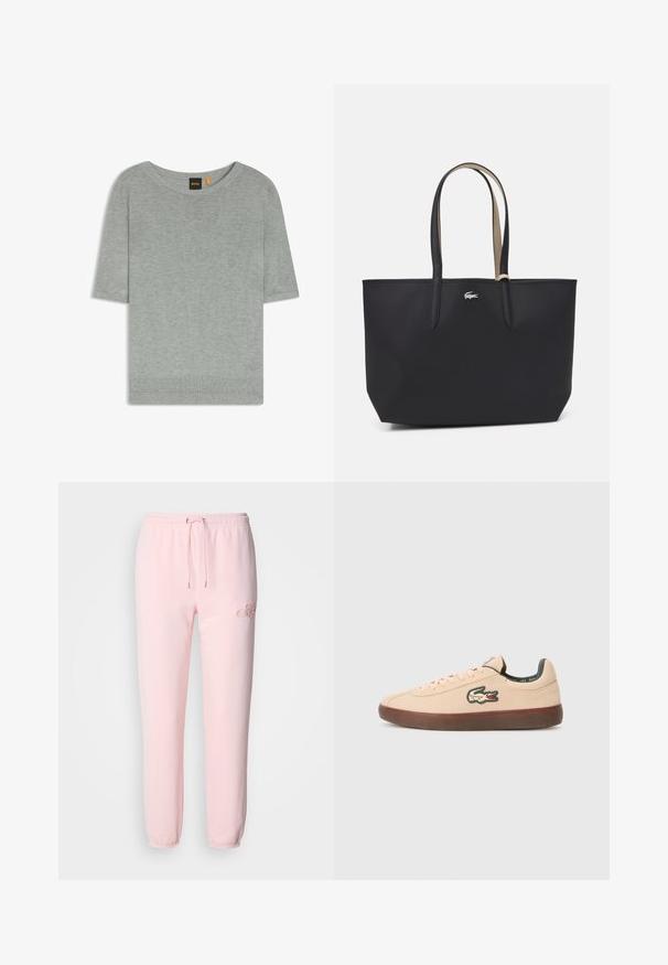 Lichtgrijs kortemouwen trui gemaakt van zacht breimateriaal. Beschikt over een wijde halslijn en een geribde zoom, met een minimalistisch ontwerp.; Lichtroze sweatpants gemaakt van zacht materiaal, met een elastische tailleband met trekkoord, taps toelopende boorden en subtiele geborduurde logodetails.; Lacoste BASESHOT - Sneakers laag - beige; Zwarte totebag met een gestructureerde vorm, gemaakt van textuurmateriaal, met twee lange handvatten en een klein zilveren logo aan de voorkant.