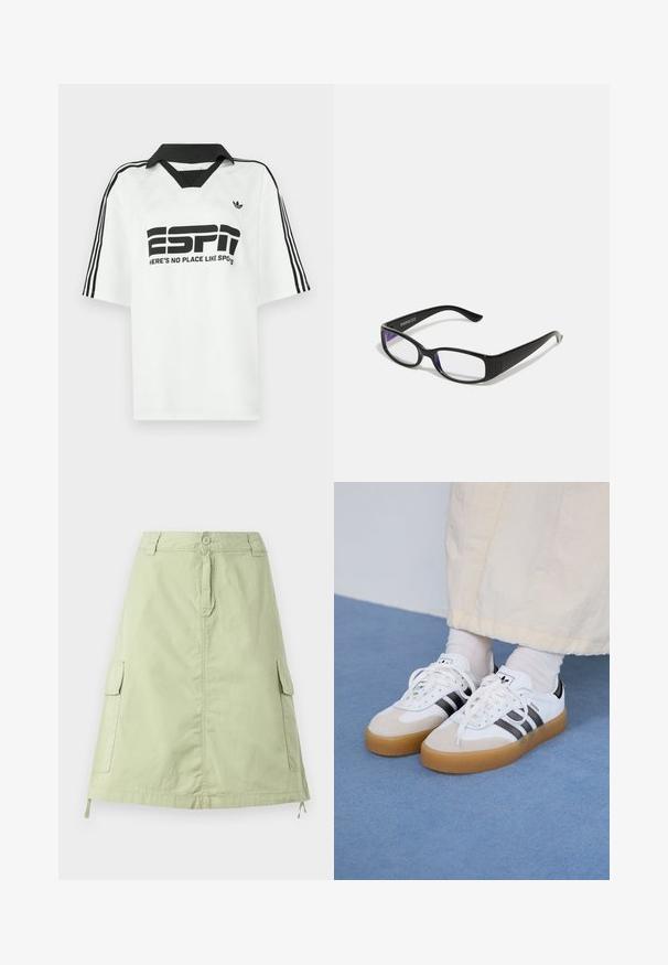 White short-sleeve shirt featuring a black collar, three black stripes on sleeves, and bold black text that reads "ESPN" and "HERE'S NO PLACE LIKE SPOTS."; Light green cotton knee-length skirt with two side cargo pockets, a button closure, and a relaxed straight fit. Plain texture.; White sneakers with black stripes and beige suede accents. Feature a textured gum sole and flat white laces, worn with light-colored socks.; Black rectangular glasses with clear lenses. Glossy finish, narrow arms, and purple tint visible at the edges of the lenses.