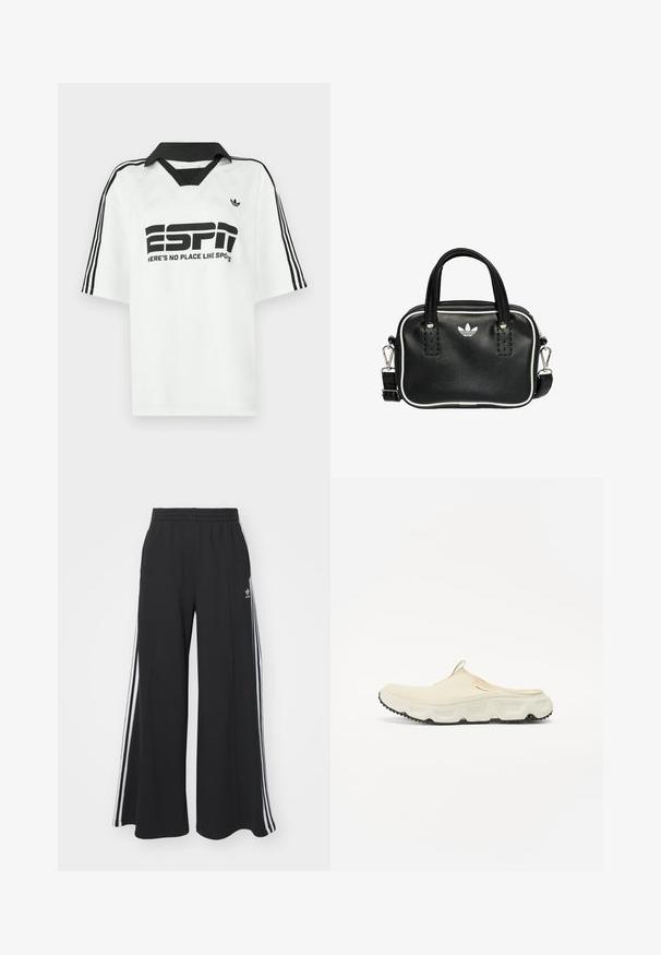 Vit skjorta med korta ärmar som har en svart krage, tre svarta ränder på ärmarna och fet svart text med orden "ESPN" och "THERE'S NO PLACE LIKE SPOTS."; Svarta vida sweatpants med elastisk midje, med vita sidosträck och en broderad logotyp på vänster lår.; Krämfärgad nät slip-on sko med en tjock vit sula och svart texturerad yttersul. Har en dragflik vid hälen för enkel påtagning.; Svart läderhandväska med två korta handtag, silverfärgade detaljer, vita accenter och en vit logotyp. Har en texturerad yta och en kompakt design.