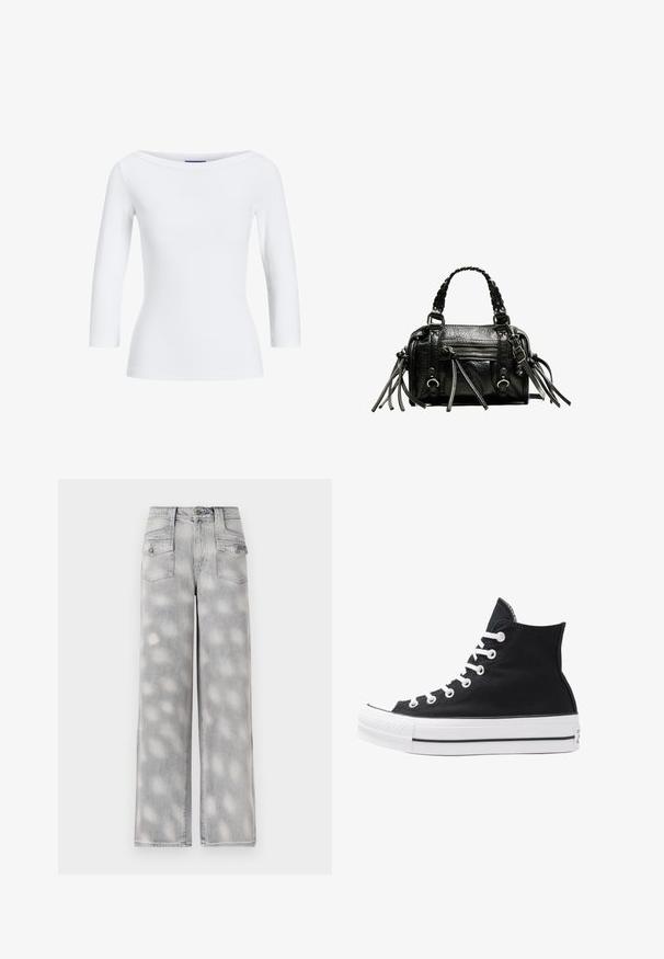 Bijela rebrasta majica dugih rukava s brodoglavim izrezom. Tkanina je glatka, oblikovana i ima uredan završetak na manžetama i rubu.; Svijetlosive traper široke hlače s visokim strukom, četiri džepa i izblijedjelim uzorkom za opušteni kroj.; Visoke crne platnene tenisice s bijelim rupama, vezicama i gumenim potplatom. Imaju teksturirani vrh i crno-bijele pruge kao ukrase.; Crna kožna torba s pletenim ručkama, teksturiranom površinom, prednjim džepom na patentni zatvarač i dekorativnim resicama. Kompaktna i strukturirana forma.