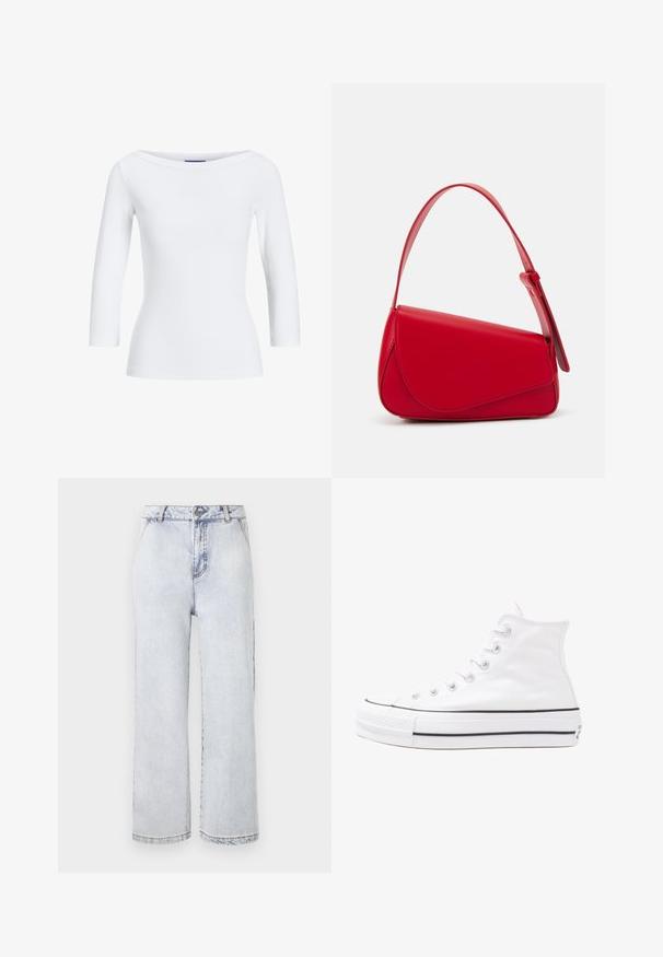 Bijela rebrasta majica dugih rukava s brodoglavim izrezom. Tkanina je glatka, oblikovana i ima uredan završetak na manžetama i rubu.; Svijetloplave traper široke hlače s visokim strukom, s kopčanjem na gumb, ravnim rubom i minimalnim izblijedjenjem.; Bijela visoka platnena tenisica s crnom gumenom potplatom, prednjim gumenim zaštitnikom prstiju i šest rupa za vezanje, s čistim, minimalističkim dizajnom.; Crvena kožna torba s kutnim, geometrijskim dizajnom. Ima jedan podesivi remen i preklopni zatvarač sa šivenim detaljima.