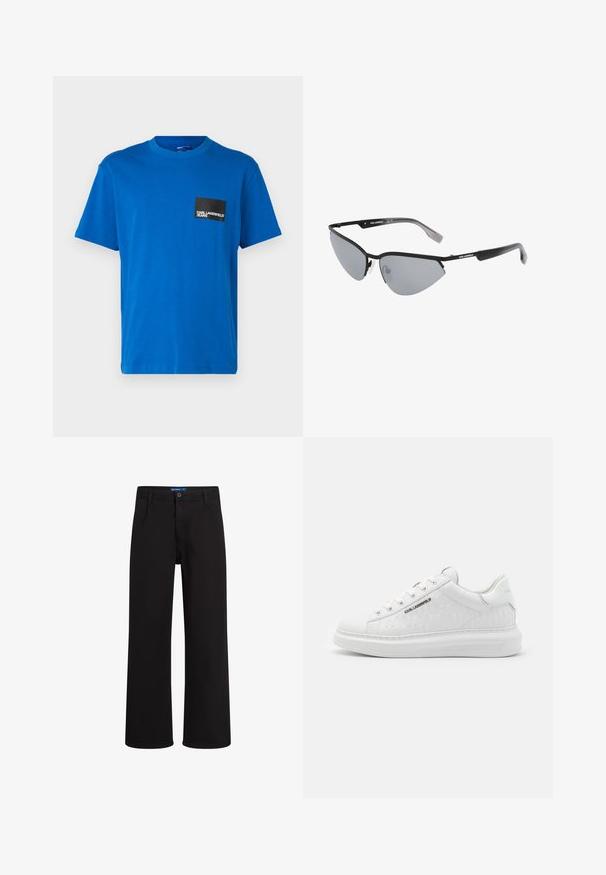Blue cotton t-shirt with a round neckline, short sleeves, featuring a black square pocket with white logo text. Smooth texture.; Black straight-leg pants with button and zip closure, belt loops, and side pockets, displayed against white background.; White sneaker made of smooth leather with embossed pattern. Features round toe, lace-up front, and textured sole. Silver logo detail on side.; Black sunglasses with angular, cat-eye design. Silver mirrored lenses. Slim, lightweight plastic frames with subtle branding on the temples.