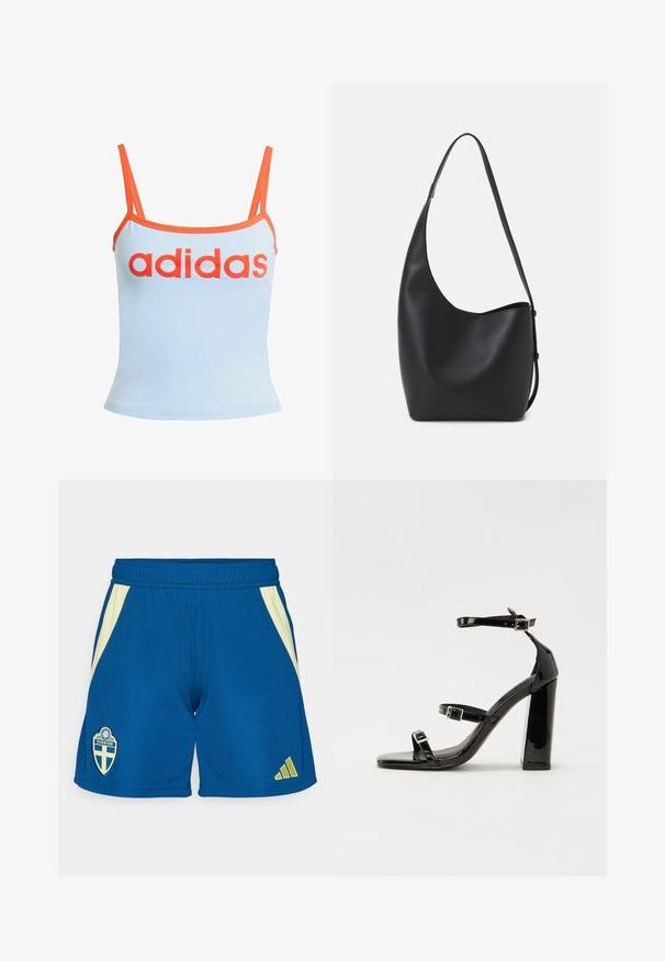 Gaiši zils bez piedurknēm tops ar oranžiem malumiem, ar izteiksmīgu sarkanu "adidas" logo uz krūtīm. Izgatavots no mīkstas, elastīgas auduma. Plānas siksniņas.; Zilā sporta šorti ar dzeltenu akcentu sānos, izšūtu Zviedrijas simbolu un Adidas logo dzeltenā krāsā apakšējā labajā stūrī.; Melnas lakotas augstpapēžu čības ar kvadrāta purngalu, potīšu siksniņām un sudraba sprādzēm. Aprīkotas ar masīvu bloku papēdi stabilitātei.; Melnas ādas hobo soma ar gludu tekstūru, izliekta forma un vienu regulējamu jostu; augšā ir plaša atvere.