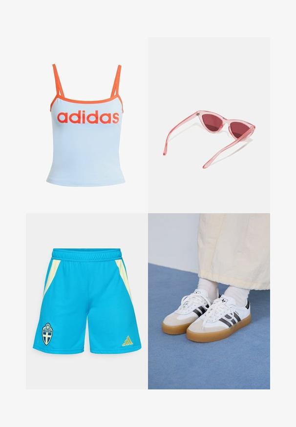 Lys blå tanktopp med oransje kant, med en stor rød "adidas" logo over brystet. Laget av myk, elastisk stoff. Tynne stropper.; Turkise treningsshorts med gule detaljer, med et brodert Sverige-logo og tre-stripes Adidas-merke på siden.; Hvite sneakers med svarte striper og beige semsket skinn-detaljer. Har en teksturert gummisåle og flate hvite snører, brukt med lyse sokker.; Rosa gjennomsiktige solbriller med en unik kattøye-form, toppet med mørkerosa linser og slanke, slanke stenger.