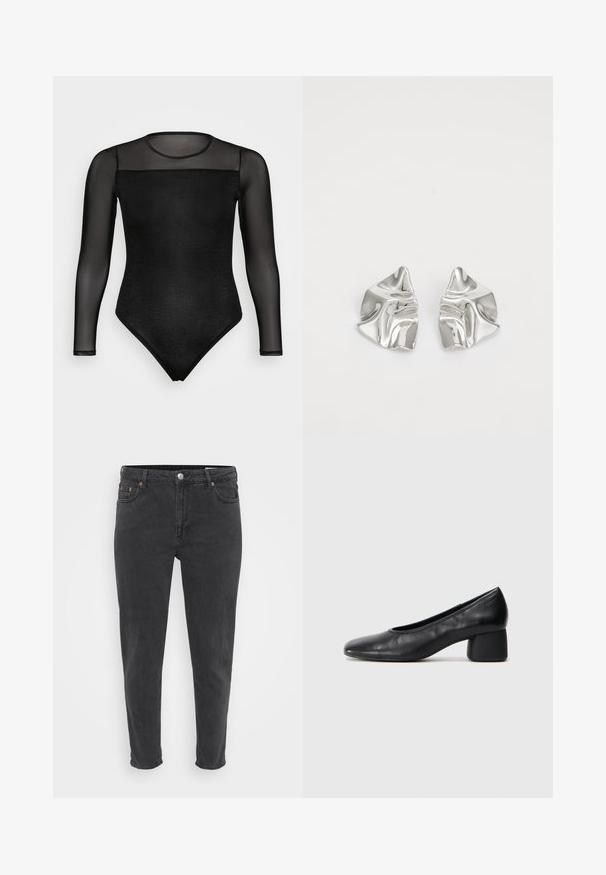 Black long-sleeve bodysuit featuring a textured fabric with a smooth mesh yoke and sleeves. The design has a high neckline and a fitted silhouette.; Slim-fit black denim jeans with front button and zip, belt loops, and five pockets, shown on a plain light background.; Black leather pump with a rounded toe and mid-block heel. Smooth texture with minimal detailing, featuring a subtle elastic opening.; Silver metal earrings with a wavy, sculptural design featuring a polished finish and irregular shapes, highlighting a contemporary aesthetic.