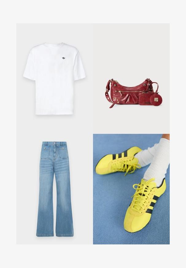 Hvit bomull t-skjorte med korte ermer som har en liten svart logo på venstre brystområde. Rund halslinning og avslappet passform.; Lys blå denimbukser med vid ben-design, med to frontlommer og to baklommer, avsluttet med råsøm og knappelukking.; Lyse gule joggesko med svarte striper og snøringer; har en teksturert overdel og semsket detaljer. Brukt med hvite ribbete sokker.; Rød skinn skulderveske med gullnagler, frontlomme med glidelås, justerbar stropp, og tilknyttede matchende myntpung og kortholder.