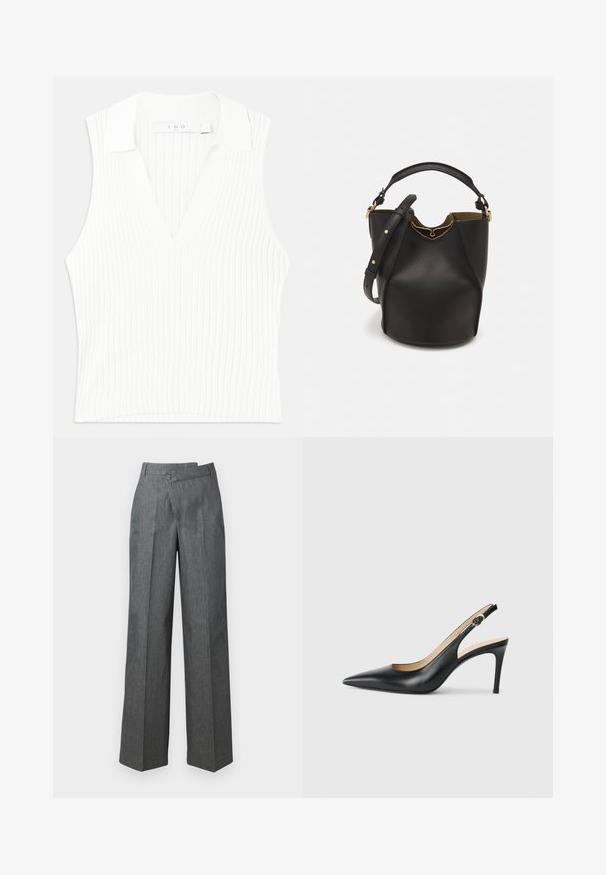 Valge ilma varrukateta pluus V-kaelusega ja soonilise tekstuuriga, millel on krae ja keha ligi järgnev disain. Puhas joontega ja peente vertikaalsete triipudega.; Tumehallid laiad püksid, millel on kõrge vöökoht, ees pleedid ja külgklõps.; Mustad nahast seljataga kõrged kontsad, kellel on terav varvas, reguleeritav rihm ja sujuva viimistlusega stiilne stiletto konts.; Mustast nahkämbriga kott tekstuurses viimistluses, kuldsete metalldetailide aktsentidega ja avatud ülaosaga. Omab lühikest käepidet ja reguleeritavat õlavarre rihma.