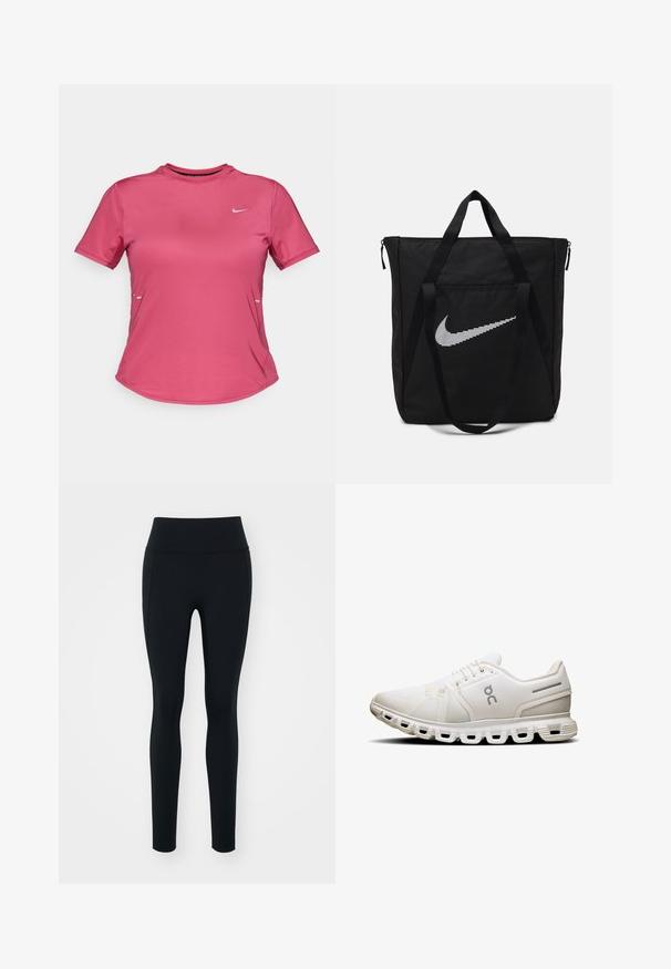 Maglietta sportiva a maniche corte in tessuto fucsia brillante con collo rotondo, caratterizzata da un piccolo logo bianco sul petto e un design minimal.; Leggings neri realizzati in materiale elastico con una vita alta. Texture liscia, design aderente e senza decorazioni o motivi visibili.; Scarpa da ginnastica bianca con tomaia in rete, lacci piatti e una suola distintiva caratterizzata da un'imbottitura segmentata e sottili accenti grigi.; Borsa tote nera in nylon con due manici robusti e chiusura con zip. Presenta un grande logo Nike a forma di swoosh in un design a righe orizzontali.