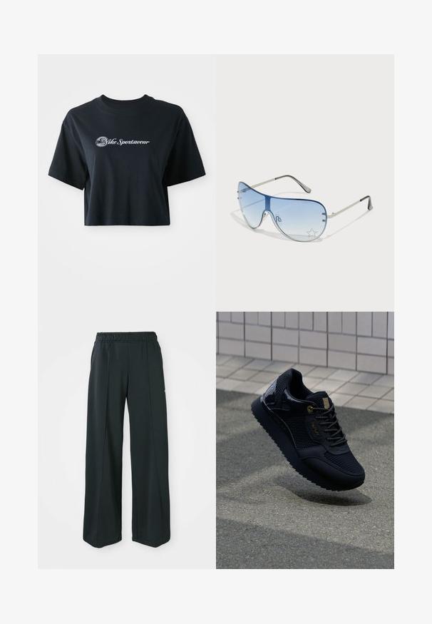Zkrácené černé bavlněné tričko s krátkými rukávy, na přední straně s bílým nápisem "Vice Sportswear" a kulatou grafikou.; Černé sportovní kalhoty s širokým střihem a elastickým pasem. Vyrobené z hladkého, pružného materiálu, s jemnými předními švy a bez kapes.; Černé tenisky s síťovaným svrškem, lesklými detaily, zlatými prvky, texturovanou podrážkou a polstrovaným límcem pro pohodlí.; Pilotské sluneční brýle s modrými gradientními skly, stříbrným kovovým rámem a dekorativními hvězdnými akcenty na sklech. Hladký a elegantní design.
