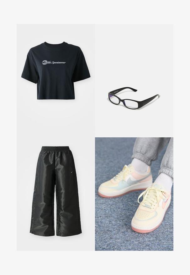 Κομμένο μαύρο βαμβακερό μπλουζάκι με κοντά μανίκια, με λευκό κείμενο "Vice Sportswear" και ένα κυκλικό γραφικό μπροστά.; Μαύρο αθλητικό παντελόνι με γυαλιστερό, λείο ύφασμα, διαθέτει ελαστική μέση, φαρδιά πόδια και ένα μικρό λογότυπο στην αριστερή πλευρά.; Nike Sportswear AIR FORCE 1 SHADOW - Αθλητικά παπούτσια - coconut milk/crimson tint/light silver/sail/guava ice; Μαύρα ορθογώνια γυαλιά με διάφανους φακούς. Γυαλιστερή επιφάνεια, στενοί βραχίονες και μοβ απόχρωση ορατή στις άκρες των φακών.