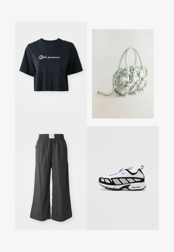 Lühikeste varrukatega must puuvillane t-särk, millel on ees valge tekst "Vice Sportswear" ja ringikujuline graafika.; Mustriliste mustad ja hallid laiad püksid elastse vöökohtaga ning taga Nike logo silt. Kerge kangas, lai lõige.; Nike sneakerid valges ja mustas. Omab voolavat disaini, hingavat võrkmaterjali ja kontrastset perforatsiooni. Nähtav õhuüksus tallas.; Next Käekott - blue