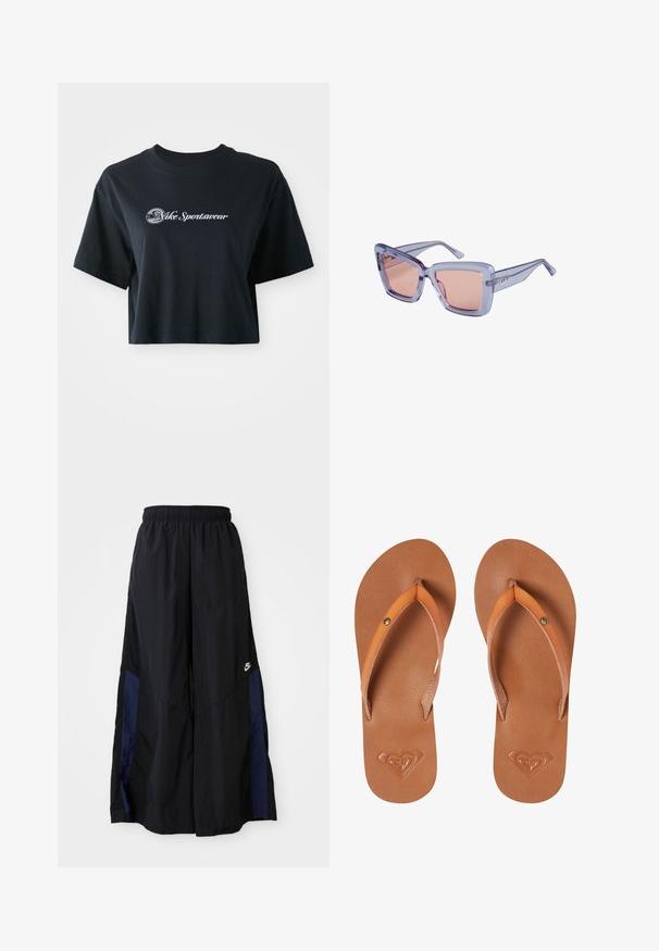 Zkrácené černé bavlněné tričko s krátkými rukávy, na přední straně s bílým nápisem "Vice Sportswear" a kulatou grafikou.; Černé kalhoty širokého střihu vyrobené z lehkého materiálu, s námořnickou modrou bočním panelem a elastickým pasem. Malé bílé logo na spodní části.; Hnědé syntetické žabky s oranžovými popruhy, texturovaný povrch a vyražená srdíčková loga na podrážce.; Čtverečné sluneční brýle s průhlednými světle fialovými obrubami a gradientními růžovými skly. Logo "ROXY" na čelním rámu. Lehce plastový design.