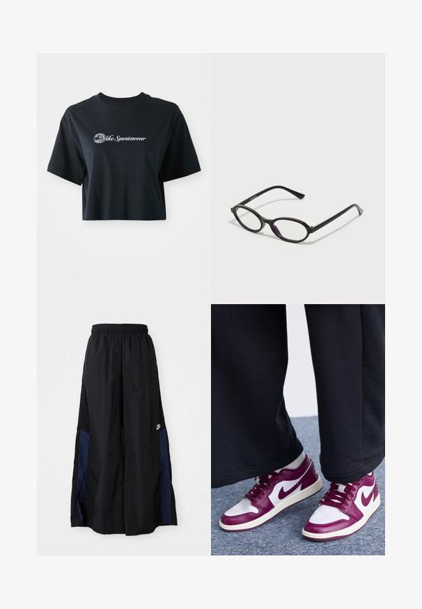 Cropped black cotton t-shirt with short sleeves, featuring white text "Vice Sportswear" and a circular graphic on the front.; Black wide-leg pants made of lightweight fabric, featuring a navy blue side panel and an elastic waistband. Small white logo on bottom.; Jordan AIR JORDAN 1 LOW - Trainers - white/bordeaux/sail; Black oval-frame glasses with translucent purple accents on the lenses. Frames have a matte finish and slender, straight temples.