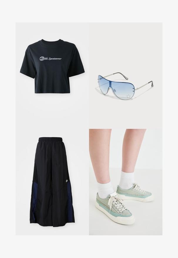 Rövid ujjú, cropped fekete pamut póló, fehér "Vice Sportswear" felirattal és kör alakú grafikával az elején.; Fekete, bő szárú nadrág könnyű anyagból, tengerészkék oldalsó panellel és elasztikus derékkal. Kicsi fehér logó az alján.; Világoszöld sportcipők texturált szürke-barna kiegészítővel, fehér fűzőkkel és bordázott elefántcsont színű talppal, fehér zoknikkal viselve. Laposságú, alacsony cipőforma.; Pilóta napszemüveg, melynek áttetsző kék lencséje, ezüst fém kerete és díszes csillag díszítések találhatók a lencsén. Simogató és elegáns dizájn.