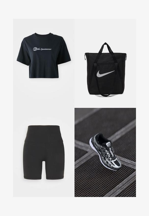 Tricou negru din bumbac, scurt, cu mâneci scurte, având text alb "Vice Sportswear" și un grafic circular pe față.; Șorturi sportive negre cu talie înaltă, confecționate dintr-un material elastic, având o textură fină, lungime scurtă și detalii de cusătură rezistentă.; Pantofii de alergare Nike cu un design în nuanțe de negru și argintiu, partea superioară din plasă, talpă texturată și sistem de șireturi pentru o fixare sigură.; Geantă tote din nailon negru, cu două mânere rezistente și închidere cu zip. Prezintă un logo alb Nike, proeminent, într-un design cu dungi orizontale.