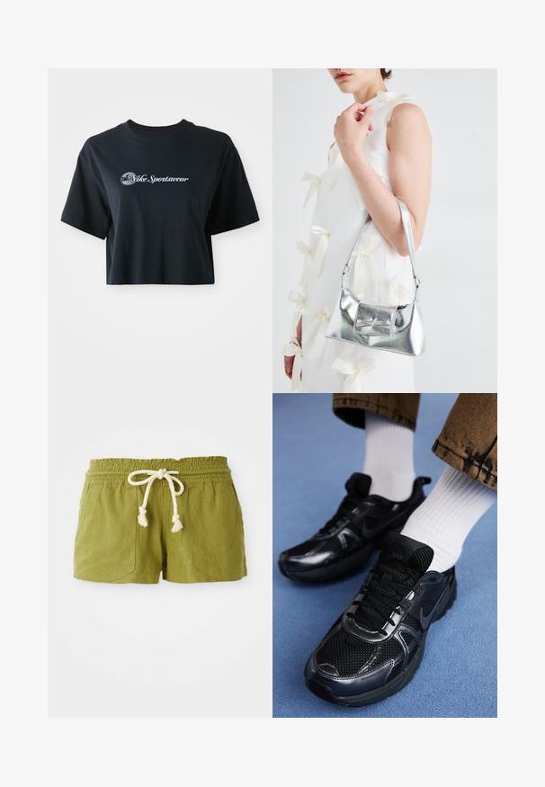 Camiseta negra de algodón recortada con mangas cortas, que presenta el texto blanco "Vice Sportswear" y un gráfico circular en la parte delantera.; Pantalones cortos de mezcla de lino verde con cinturilla elástica, cordón ajustable y dos bolsillos frontales. Corte corto y casual con tejido texturizado.; Zapatillas Nike negras con materiales de malla y sintéticos, con parte superior texturizada, cordones negros y suelas de goma duraderas. Calcetines blancos acanalados visibles.; Bolso de mano metálico plateado con forma estructurada, que presenta un asa superior y un detalle de lazo en el frente. Textura suave y acabado reflectante.