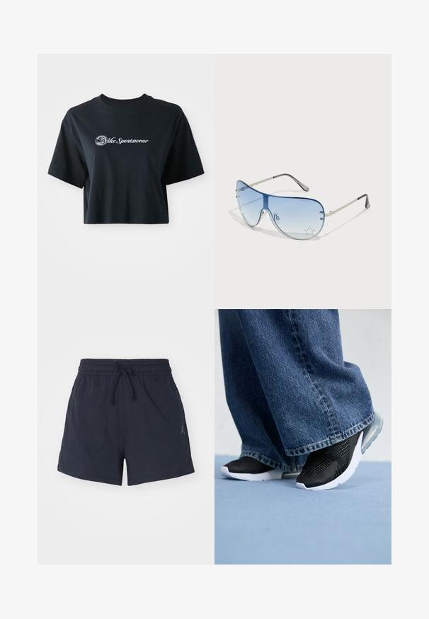 Izgriezta melna kokvilnas T-kreklā ar īsām piedurknēm, kurā ir balta teksta uzraksts "Vice Sportswear" un apļveidīga grafika uz priekšpuses.; Jūras spēku sporta šorti, izgatavoti no mitruma absorbojoša auduma, ar elastīgu vidukļa jostu un auklu, kā arī mazu logotipu.; Melni sporta apavi ar sietiņu detaļām, baltu zoli un redzamu gaisa amortizāciju, saskaņoti ar zilu džinsiem ar platajiem galiem.; Pilotstila saulesbrilles ar gradienta zilām lēcām, sudraba metāla rāmjiem un dekoratīvām zvaigžņu akcentiem uz lēcām. Gluda un eleganta dizaina.