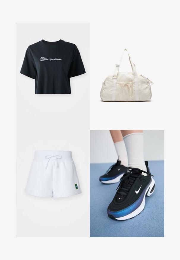 Skraćena crna pamučna majica s kratkim rukavima, s bijelim natpisom "Vice Sportswear" i kružnom grafikom sprijeda.; Nike Performance SHORT HERITAGE - Sportske kratke hlače - football grey; Crne Nike tenisice s glatkom tkaninom, s gradijentnim dizajnom od plave do crne boje, bijelim potplatom i istaknutim logotipovima.; Džepna torba u obliku kupole, bijela, napravljena od teksturiranog materijala. Ima dva držača, zatvaranje s navlačenjem, i bočni patentni džep.