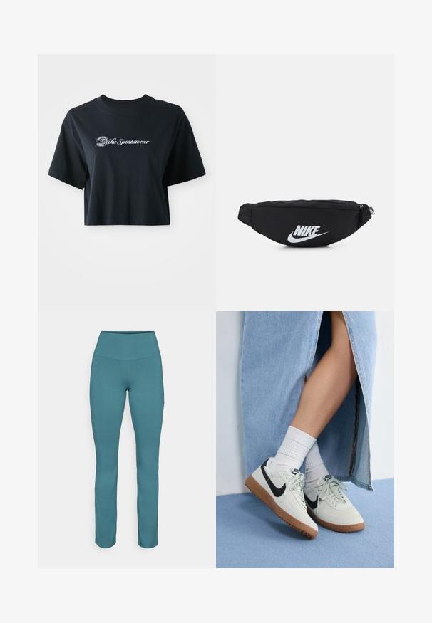 Izgriezta melna kokvilnas T-kreklā ar īsām piedurknēm, kurā ir balta teksta uzraksts "Vice Sportswear" un apļveidīga grafika uz priekšpuses.; Tirkīzzilas bikses ar augstu jostasvietu, izgatavotas no stiepjama auduma. Gluda tekstūra, pieguļoša forma un bez redzamām rakstainām vai metāla detaļām.; Nike apavi ar gaiši pelēku zamšādu, melnu swoosh logo un gumijas zoli. Uzvilkti ar baltām ribotām zeķēm un zilu džinsu svārku.; Melnas neilona jostas somiņa ar rāvējslēdzēja aizdari, kurai ir liels balts Nike logo. Gluda tekstūra un ergonomisks dizains ērtai valkāšanai.