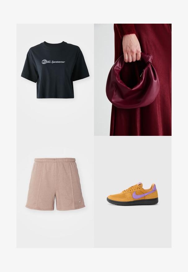 Rövid ujjú, cropped fekete pamut póló, fehér "Vice Sportswear" felirattal és kör alakú grafikával az elején.; Pale pink sportnadrág puha anyagból, rugalmas derékpánttal. Oldalsó varrásokkal és egy kis logóval a jobb alsó oldalon.; Narancssárga velúr sportcipő lila részletekkel, fűzős kialakítással, kerek orral és texturált fekete gumitalppal.; Burgundi bőrtáska puhán ráncolt dizájnnal és kerek alakban. A fogantyú rögzítve van, sima textúrával rendelkezik.