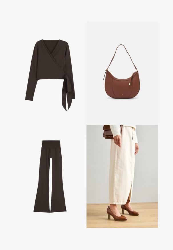 Brun langærmet indpakningsbluse med dyb V-udskæring og sideknude-detalje. Fremstillet af blødt, strækbart stof med en glat overflade.; Mørkebrun flare leggings med en bred, ribbet taljebånd. Lavet af blødt, strækbart materiale, med et sømløst design og ingen synlig hardware.; Brune hæle sko med rund tå, parret med en cremefarvet lang nederdel med en frontslids, og en struktureret brun håndtaske.; Brun faux læder skuldertaske med buet form, minimal syning og en guldtonet hardwaredetalje. Har en top lynlåslukning og justerbar rem.