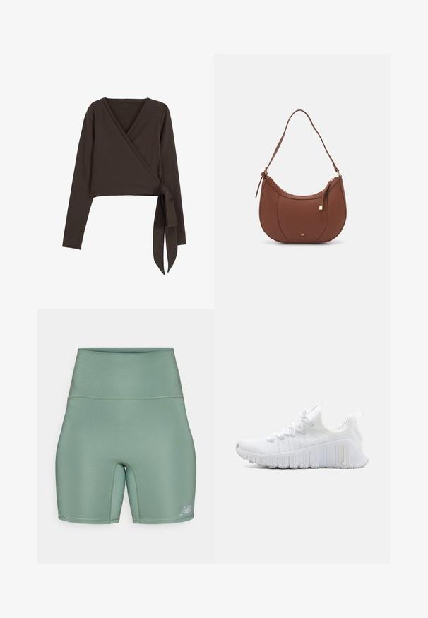 Ruda ilgomis rankovėmis apjuosiamas viršus su giliu V iškirpimu ir šoniniu surišimu. Pagamintas iš minkštos, elastingos medžiagos su sklandžiu paviršiumi.; Aukšti sportiniai šortai, sukurti iš lygaus, elastingo audinio, švelnios žalios spalvos. Su plokščiomis siūlėmis ir atspindinčiu logotipo akcentu.; Balta sportinė avalynė su tekstūruotu viršumi, plokščiais raišteliais ir ryškia guma padanga, kurioje yra vertikalios įpjovos. Šone yra logotipas.; Ruda dirbtinės odos petinė piniginė su kreiva forma, minimalia siuvimo linija ir auksinės spalvos įranga. Yra užtrauktuko uždarymas viršuje ir reguliuojama petneša.