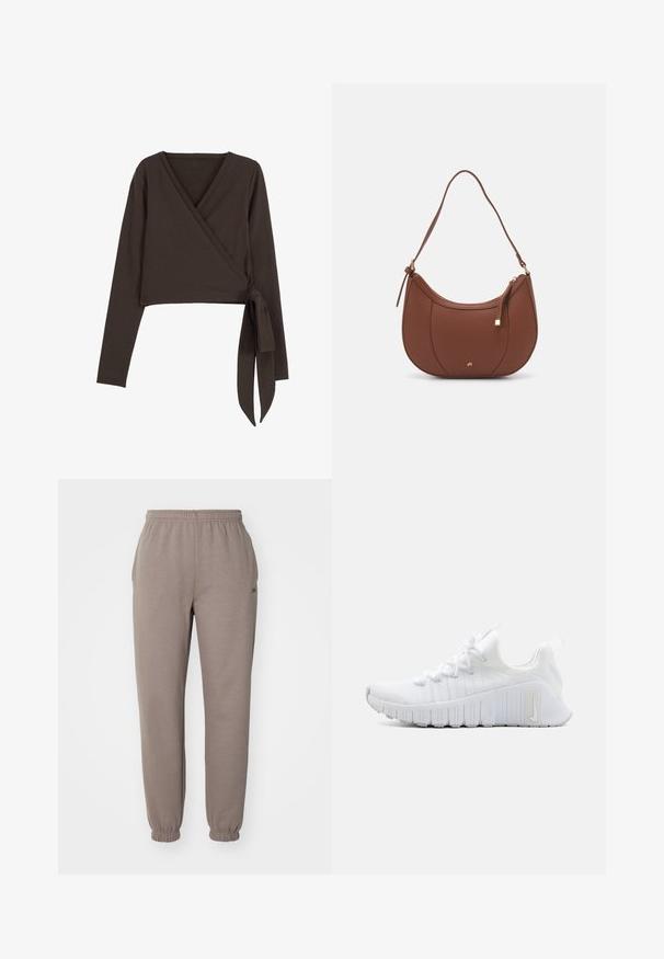 Brun langærmet indpakningsbluse med dyb V-udskæring og sideknude-detalje. Fremstillet af blødt, strækbart stof med en glat overflade.; Brune sweatpants i et blødt materiale med elastisk talje, manchetter ved anklerne og sidelommer. Diskret branding på låret.; Hvid atletiksko med en tekstureret overdel, flad snørebåndslukning og fremtrædende gummisål med lodrette riller. Har et logo på siden.; Brun faux læder skuldertaske med buet form, minimal syning og en guldtonet hardwaredetalje. Har en top lynlåslukning og justerbar rem.