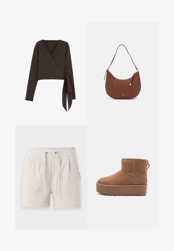 Bruine lange mouw wikkeltop met een diepe V-hals en een zijstrikdetail. Gemaakt van zachte, elastische stof met een gladde textuur.; Lichtbeige shorts met een elastische tailleband, trekkoord, zijzakken en ruches langs de zakranden. Zachte stofstructuur.; Tan suède enkellaars met een platformzool, ronde neus en stiksels; heeft een trekband aan de achterkant voor gemakkelijke instap.; Bruine faux leren schoudertas met een gebogen vorm, minimale stiksels en een gouden hardware-accent. Voorzien van een bovenste ritsluiting en een verstelbare schouderband.