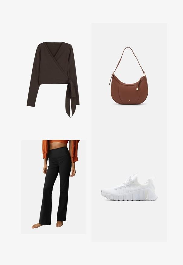 Hnedý dlhý rukáv vrchný diel so širokým V-výstrihom a detailom bočného viazania. Vyrobený z mäkkej, elastickej látky s hladkou textúrou.; Čierne rebrované rozšírené nohavice s vysokým pásom, ktoré majú hladkú textúru a jednoduchý dizajn. Akcenty zahŕňajú mierne rozšírenie na leme.; Biele športové topánky s textúrovaným vrchom, plochým šnurovaním a výraznou gumovou podrážkou s vertikálnymi drážkami. Na boku sa nachádza logo.; Hnedá umelá kožená taška cez rameno s zakriveným tvarom, minimalistickým šitím a zlatými akcentami. Obsahuje zips na vrchu a nastaviteľný popruh.