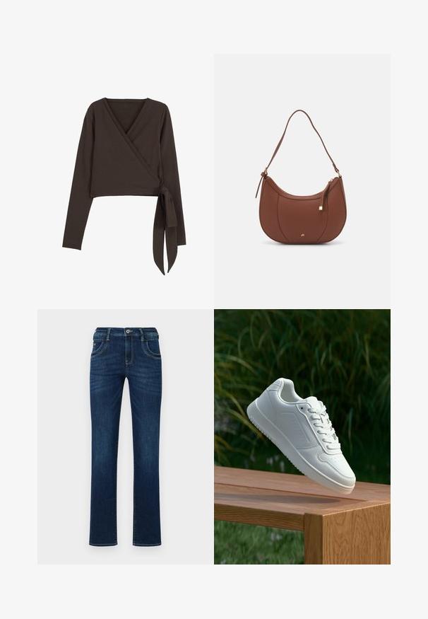 Barna, hosszú ujjas, átkötős felső mély V-nyakkal és oldalsó kötőelemmel. Puha, rugalmas anyagból készült, sima textúrával.; Sötétkék farmernadrág, egyenes lábkapcsolattal, öt zsebes kialakítással és normál gombos záródással. Diszkrét varrással ellátva.; Fehér sportcipő sima szintetikus felsőrésszel, perforált lábujjrész, lapos fűzőkkel és texturált talppal, fából készült felületen kihelyezve.; Barna műbőr válltáska ívelt formával, minimális varrással és arany színű kiegészítőkkel. Jellemzője a felső cipzáras záródás és állítható pánt.