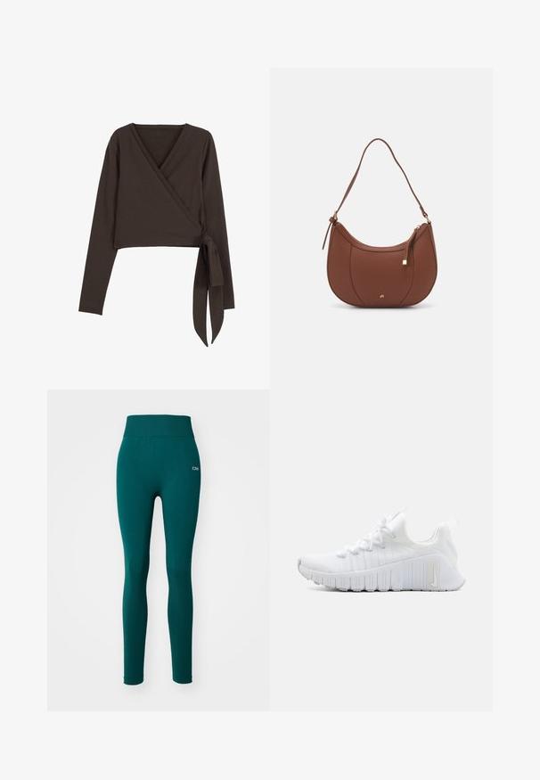 Maglia avvolgente marrone a maniche lunghe con profondo scollo a V e dettaglio con fiocco laterale. Realizzata in tessuto morbido ed elastico con una texture liscia.; Leggings attivi teal con una cintura larga, realizzati in tessuto elasticizzato. Presentano una texture liscia e dettagli in rete sulla parte inferiore della gamba.; Scarpa sportiva bianca con tomaia testurizzata, chiusura a lacci piatti e suola in gomma prominente con scanalature verticali. Presenta un logo sul lato.; Borsa a spalla in finta pelle marrone con forma curvata, cuciture minime e un accento in metallo dorato. Presenta una chiusura con zip superiore e una tracolla regolabile.