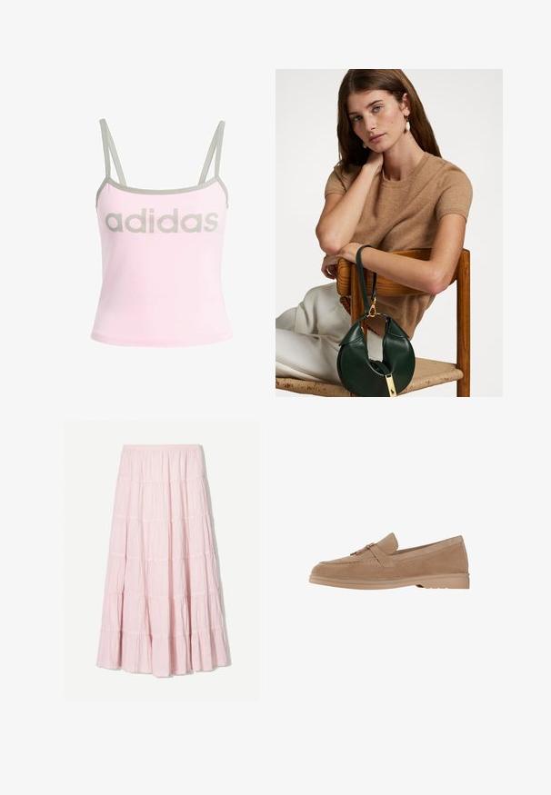 Helles rosa Tanktop mit grauen Akzenten und verstellbaren Spaghetti-Trägern, mit einem großen, mittig platzierten grauen "adidas"-Logo. Aus Baumwollmaterial.; Helles Rosa, gestuftes Maxikleid aus einem strukturierten, leichten Stoff. Elastischer Bund und fließender Saum mit Rüschendetails.; Wildleder Slipper in hellbeige mit runder Zehenpartie, ausgestattet mit einem dekorativen Riemen und goldfarbenen Details, auf einer leichten Gummisohle.; Brauner kurzärmeliger Pullover, kombiniert mit einer grünen Lederhandtasche mit geschwungenem Design und goldenen Hardware-Details, die auf einem Holzstuhl sitzt.